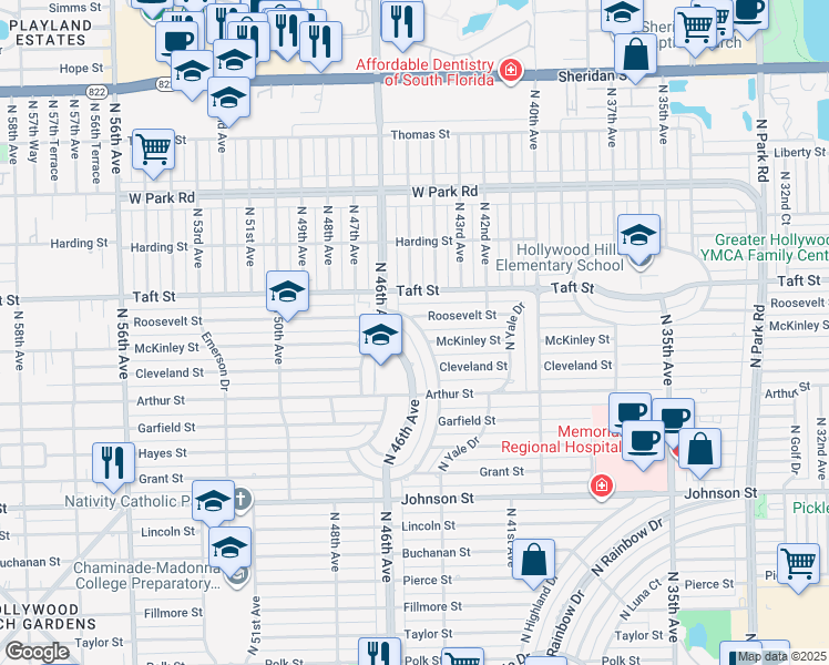 map of restaurants, bars, coffee shops, grocery stores, and more near 1500 East Hawthorne Circle in Hollywood