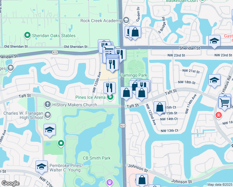 map of restaurants, bars, coffee shops, grocery stores, and more near 12400 Northwest 17th Court in Pembroke Pines