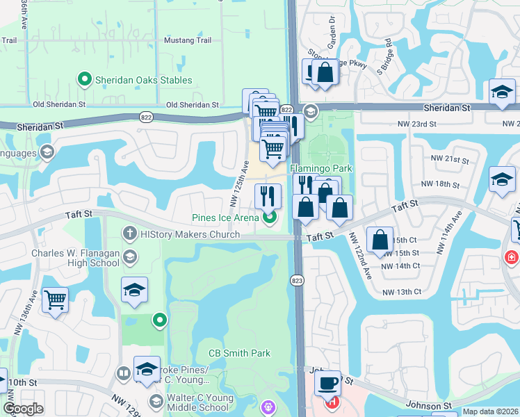 map of restaurants, bars, coffee shops, grocery stores, and more near 12425 Taft Street in Pembroke Pines