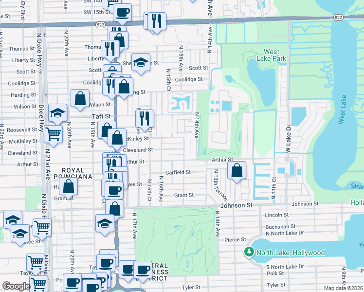 map of restaurants, bars, coffee shops, grocery stores, and more near 1506 Cleveland Street in Hollywood