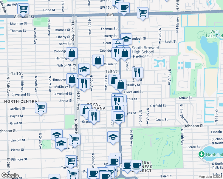 map of restaurants, bars, coffee shops, grocery stores, and more near 1843 Cleveland Street in Hollywood