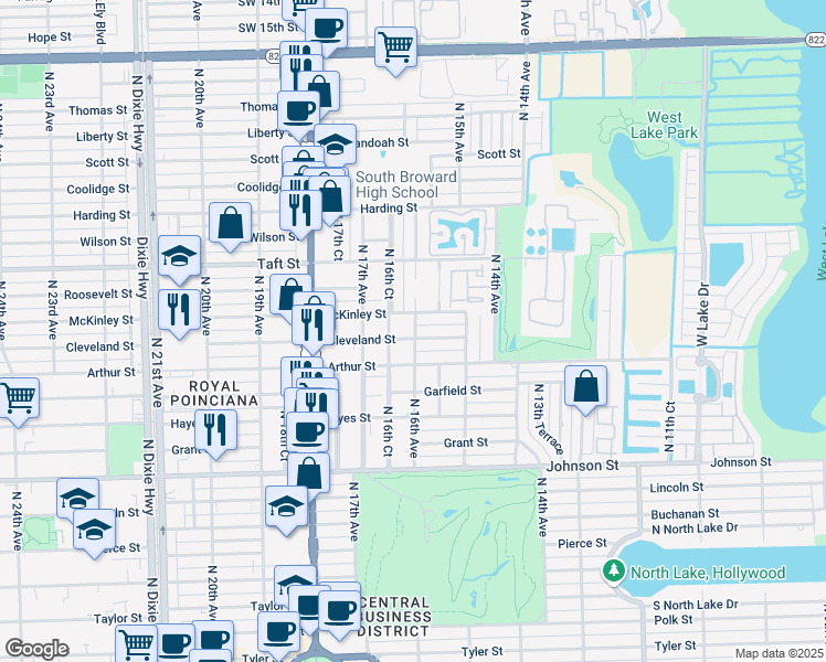 map of restaurants, bars, coffee shops, grocery stores, and more near 1538 Cleveland Street in Hollywood