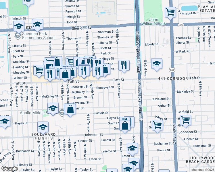 map of restaurants, bars, coffee shops, grocery stores, and more near 1521 Northwest 65th Terrace in Hollywood