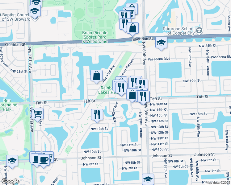 map of restaurants, bars, coffee shops, grocery stores, and more near 9155 Taft Street in Pembroke Pines