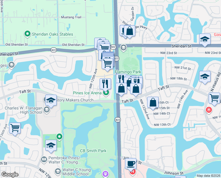 map of restaurants, bars, coffee shops, grocery stores, and more near 12400 Northwest 17th Court in Pembroke Pines