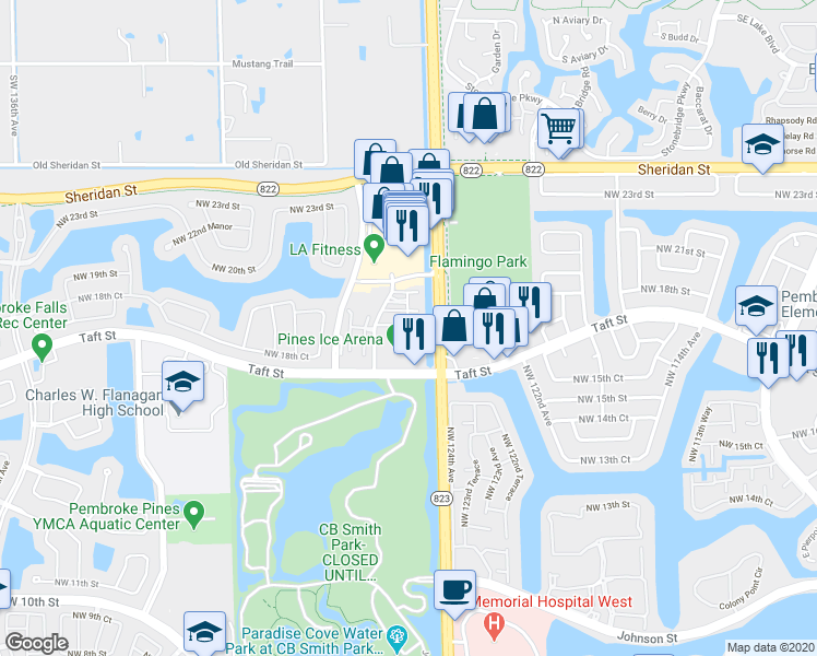 map of restaurants, bars, coffee shops, grocery stores, and more near 12400 Northwest 17th Court in Pembroke Pines