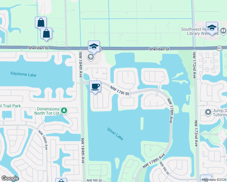 map of restaurants, bars, coffee shops, grocery stores, and more near 1554 Northwest 182nd Avenue in Pembroke Pines