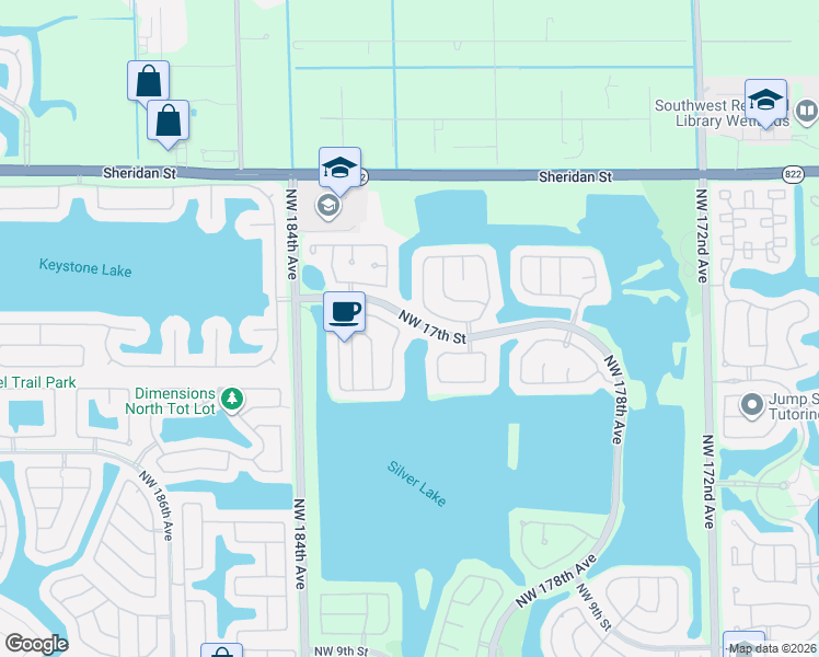 map of restaurants, bars, coffee shops, grocery stores, and more near 1554 Northwest 182nd Avenue in Pembroke Pines