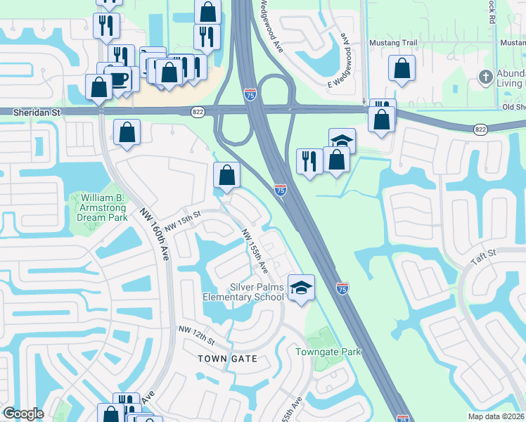 map of restaurants, bars, coffee shops, grocery stores, and more near 1455 Northwest 153rd Lane in Pembroke Pines