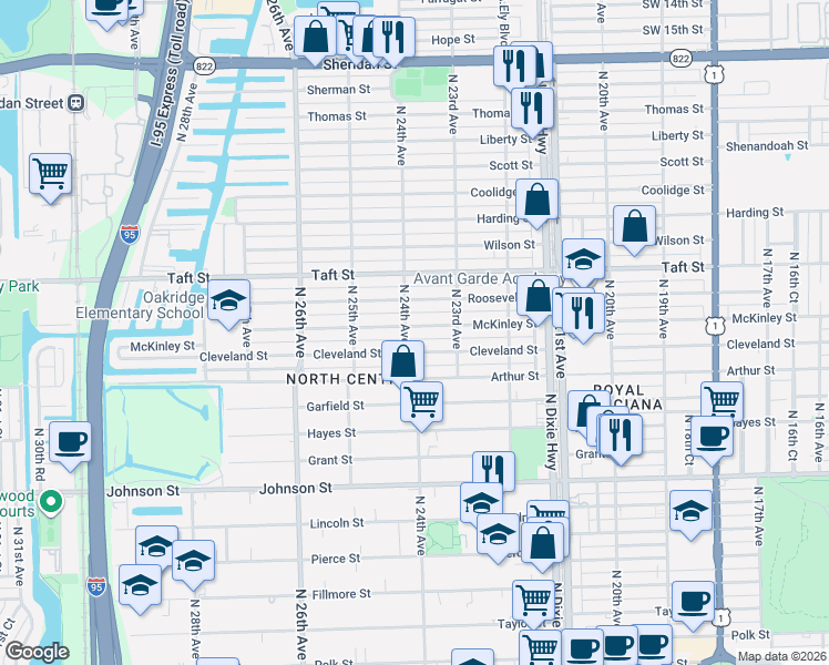 map of restaurants, bars, coffee shops, grocery stores, and more near 1410 North 24th Avenue in Hollywood
