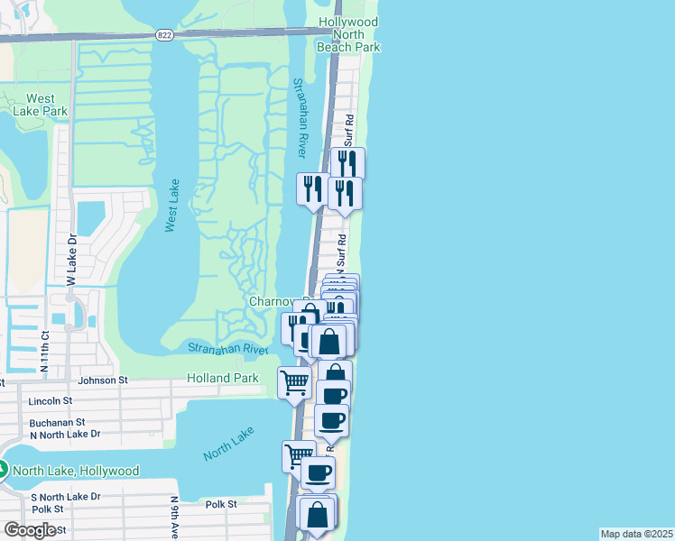 map of restaurants, bars, coffee shops, grocery stores, and more near 1815 North Surf Road in Hollywood