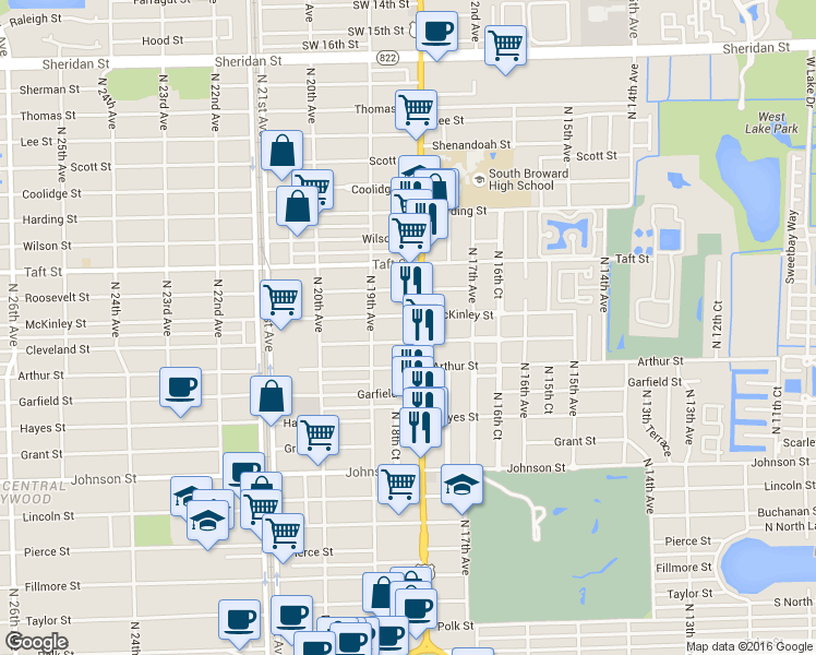 map of restaurants, bars, coffee shops, grocery stores, and more near 1804 Cleveland Street in Hollywood
