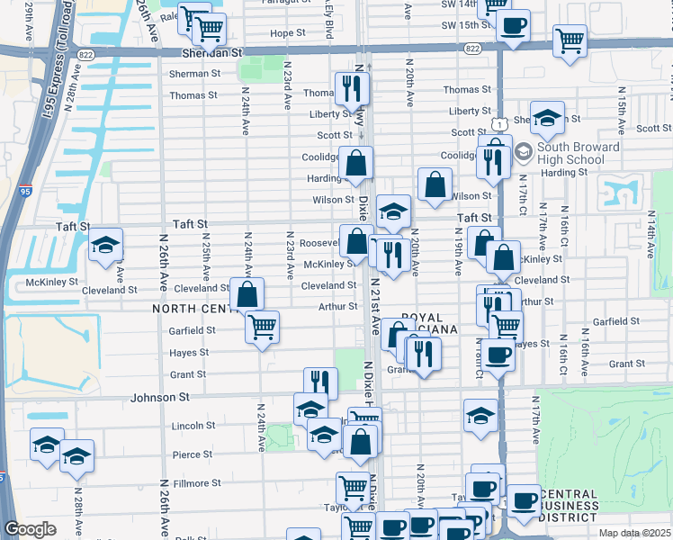 map of restaurants, bars, coffee shops, grocery stores, and more near 2131 Cleveland Street in Hollywood