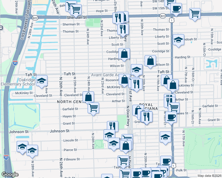 map of restaurants, bars, coffee shops, grocery stores, and more near 2231 Cleveland Street in Hollywood