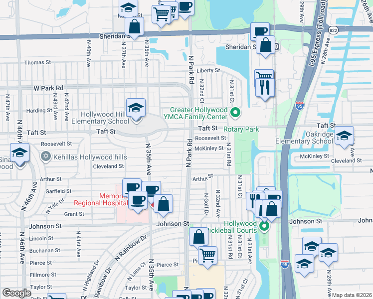 map of restaurants, bars, coffee shops, grocery stores, and more near 3241 Cleveland Street in Hollywood