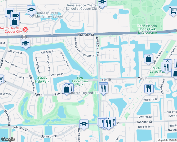 map of restaurants, bars, coffee shops, grocery stores, and more near 1760 Acorn Lane in Pembroke Pines