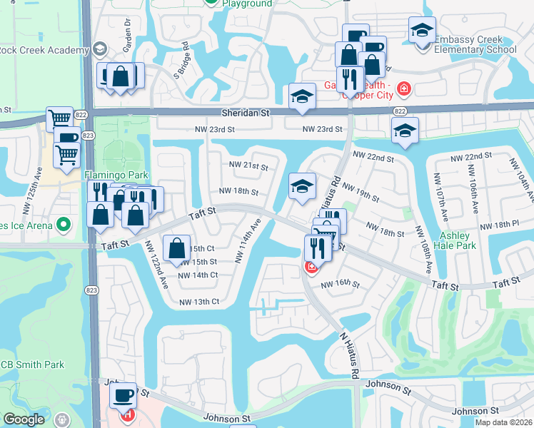 map of restaurants, bars, coffee shops, grocery stores, and more near 1640 Northwest 114th Avenue in Pembroke Pines