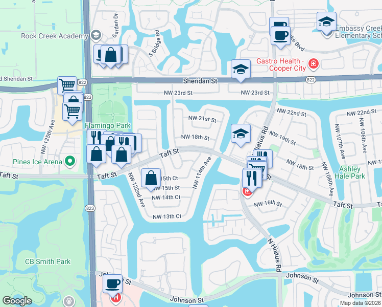 map of restaurants, bars, coffee shops, grocery stores, and more near 11601 Northwest 16th Court in Pembroke Pines