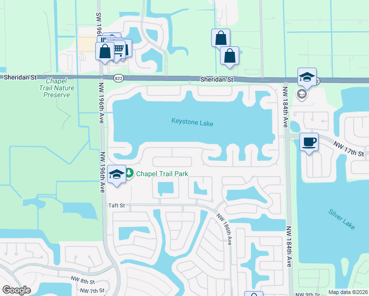 map of restaurants, bars, coffee shops, grocery stores, and more near 19011 Northwest 23rd Court in Pembroke Pines