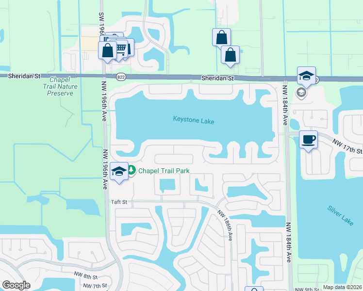 map of restaurants, bars, coffee shops, grocery stores, and more near 19089 Northwest 23rd Court in Pembroke Pines