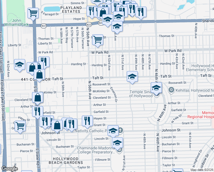 map of restaurants, bars, coffee shops, grocery stores, and more near 5317 McKinley Street in Hollywood