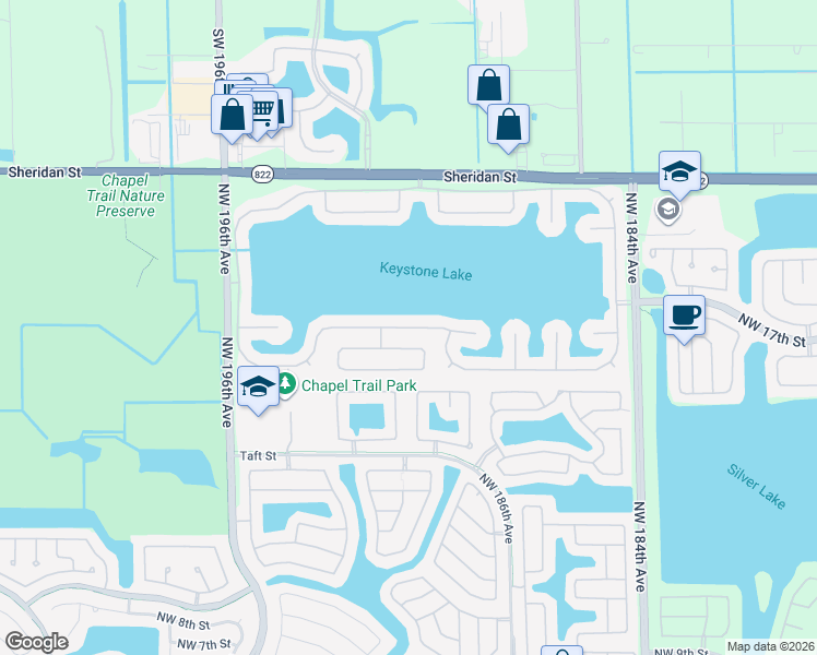 map of restaurants, bars, coffee shops, grocery stores, and more near 19011 Northwest 23rd Court in Pembroke Pines