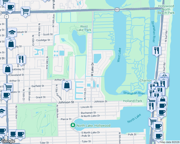 map of restaurants, bars, coffee shops, grocery stores, and more near 1120 Pin Oak Street in Hollywood