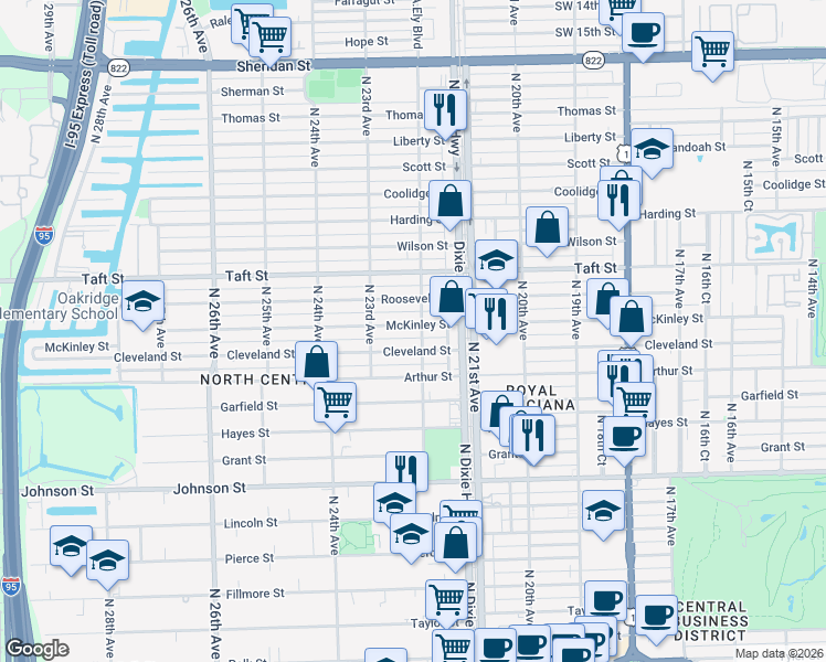 map of restaurants, bars, coffee shops, grocery stores, and more near 2131 Cleveland Street in Hollywood
