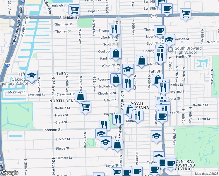 map of restaurants, bars, coffee shops, grocery stores, and more near 2131 Cleveland Street in Hollywood