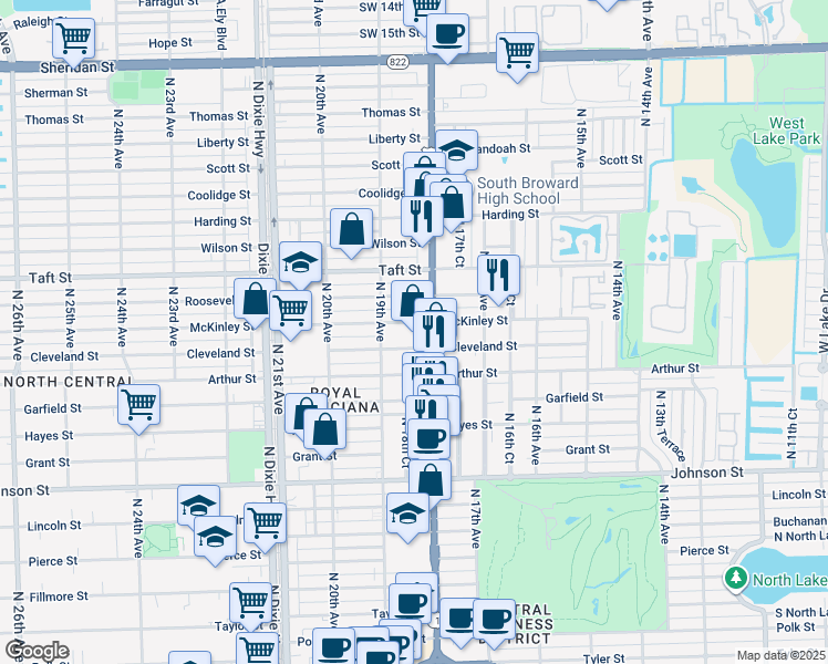 map of restaurants, bars, coffee shops, grocery stores, and more near 1804 Cleveland Street in Hollywood