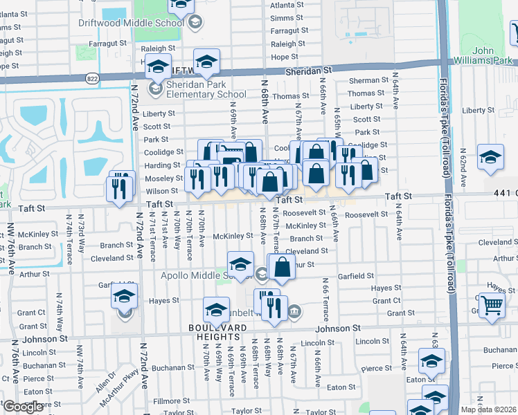 map of restaurants, bars, coffee shops, grocery stores, and more near 1601 North 68th Avenue in Hollywood