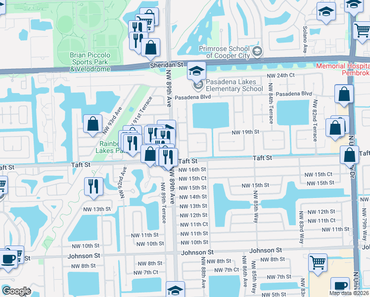 map of restaurants, bars, coffee shops, grocery stores, and more near 1711 Northwest 88th Way in Pembroke Pines