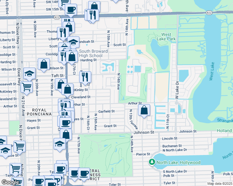 map of restaurants, bars, coffee shops, grocery stores, and more near 1425 Arthur Street in Hollywood