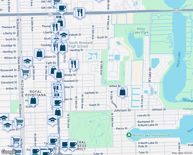 map of restaurants, bars, coffee shops, grocery stores, and more near 1506 Cleveland Street in Hollywood