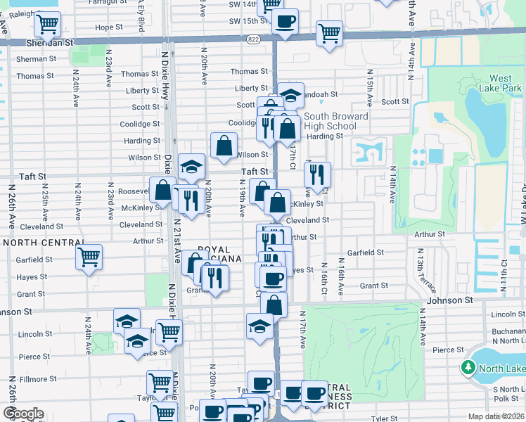 map of restaurants, bars, coffee shops, grocery stores, and more near 1804 Cleveland Street in Hollywood