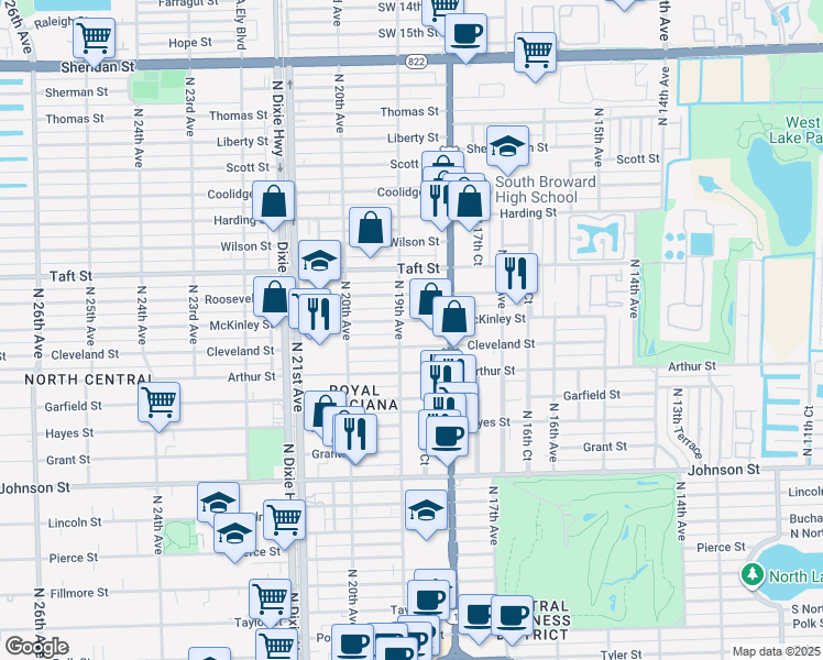 map of restaurants, bars, coffee shops, grocery stores, and more near 1843 Cleveland Street in Hollywood