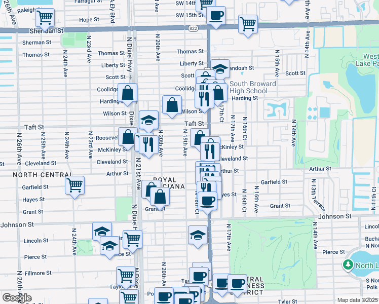 map of restaurants, bars, coffee shops, grocery stores, and more near 1843 Cleveland Street in Hollywood