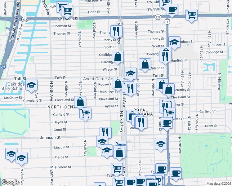 map of restaurants, bars, coffee shops, grocery stores, and more near 2131 Cleveland Street in Hollywood