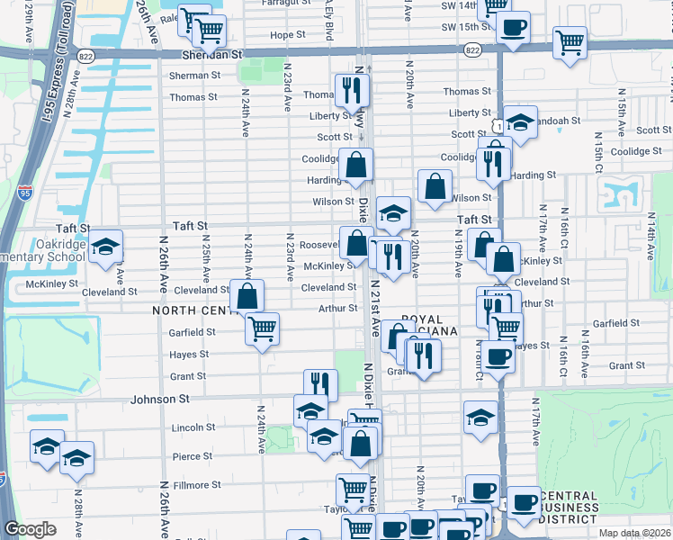 map of restaurants, bars, coffee shops, grocery stores, and more near 2131 Cleveland Street in Hollywood