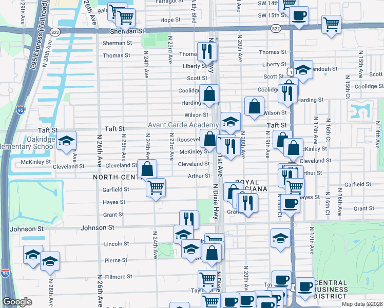 map of restaurants, bars, coffee shops, grocery stores, and more near 2131 Cleveland Street in Hollywood