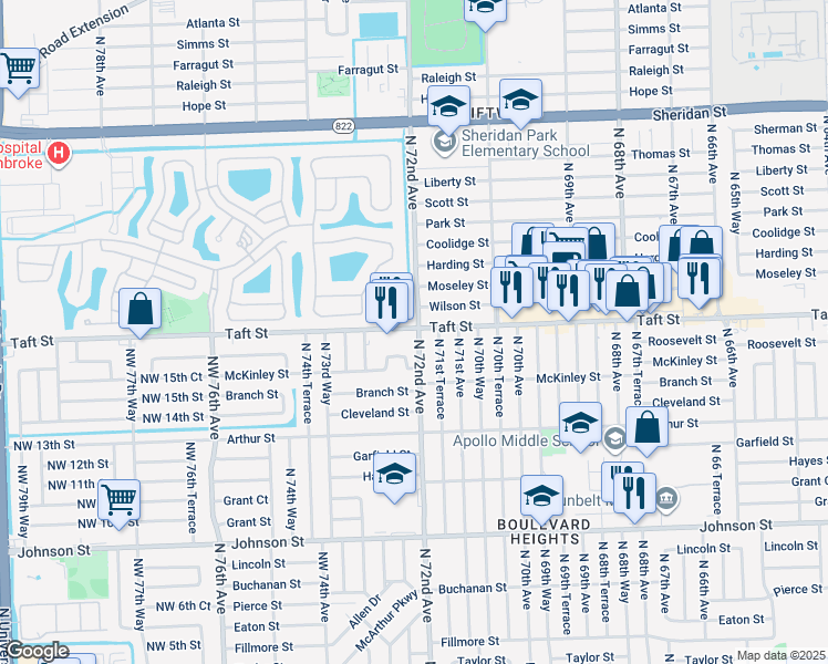 map of restaurants, bars, coffee shops, grocery stores, and more near 1611 North 72nd Avenue in Hollywood