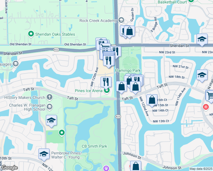 map of restaurants, bars, coffee shops, grocery stores, and more near 12425 Taft Street in Pembroke Pines