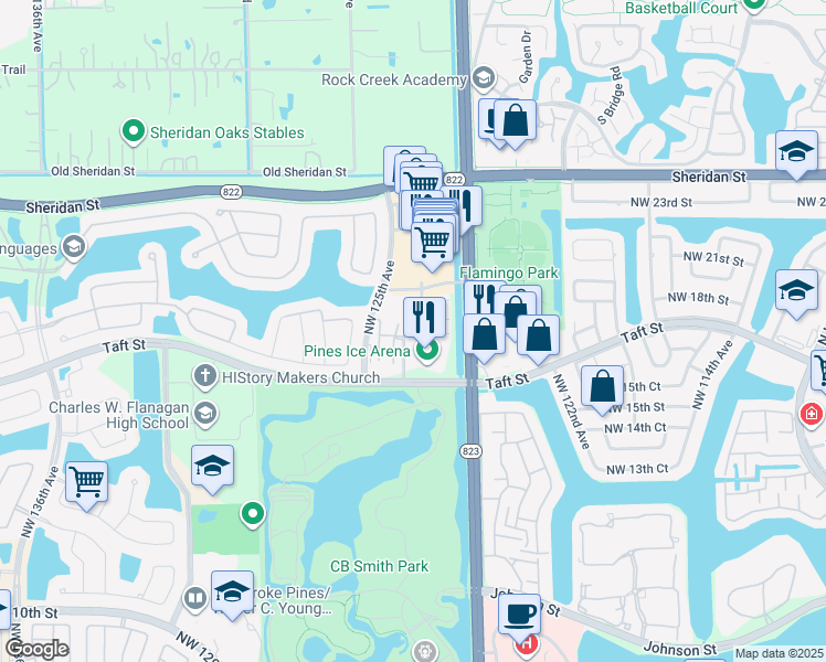 map of restaurants, bars, coffee shops, grocery stores, and more near 12425 Taft Street in Pembroke Pines