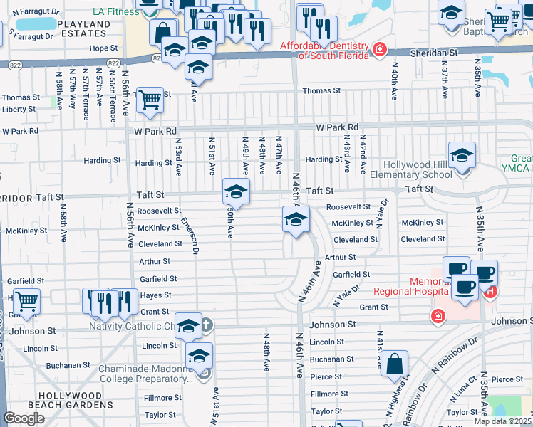map of restaurants, bars, coffee shops, grocery stores, and more near 4713 McKinley Street in Hollywood