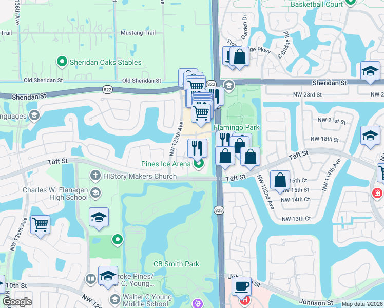 map of restaurants, bars, coffee shops, grocery stores, and more near 12425 Taft Street in Pembroke Pines