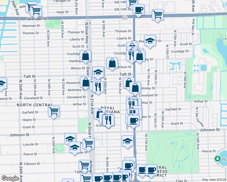 map of restaurants, bars, coffee shops, grocery stores, and more near 1935 Cleveland Street in Hollywood