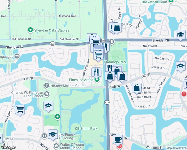 map of restaurants, bars, coffee shops, grocery stores, and more near 12467 Northwest 17th Court in Pembroke Pines