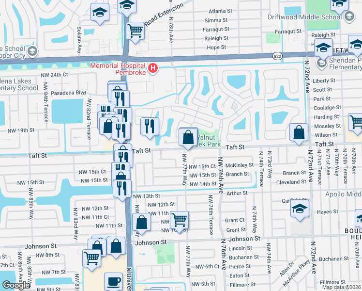 map of restaurants, bars, coffee shops, grocery stores, and more near 7778 Northwest 17th Place in Hollywood