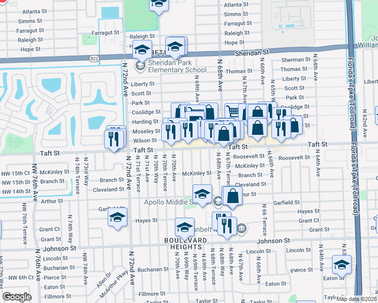map of restaurants, bars, coffee shops, grocery stores, and more near 1601 North 69th Way in Hollywood