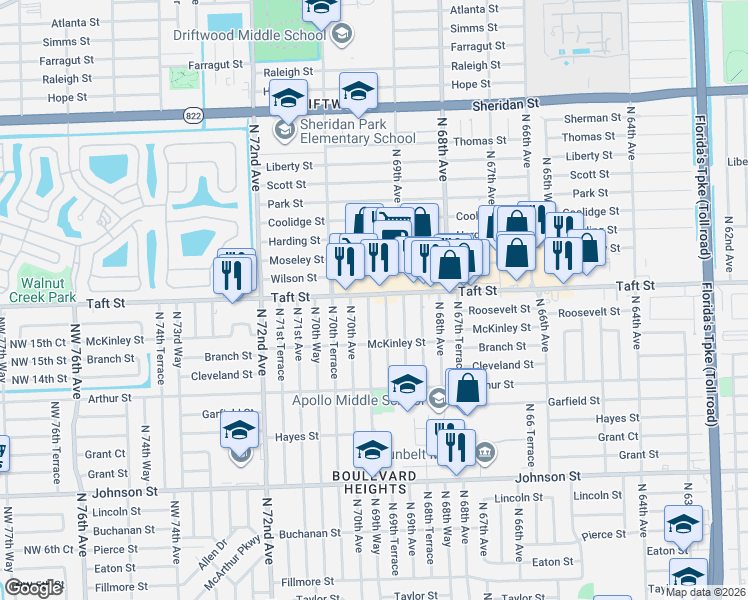map of restaurants, bars, coffee shops, grocery stores, and more near 1601 North 69th Way in Hollywood